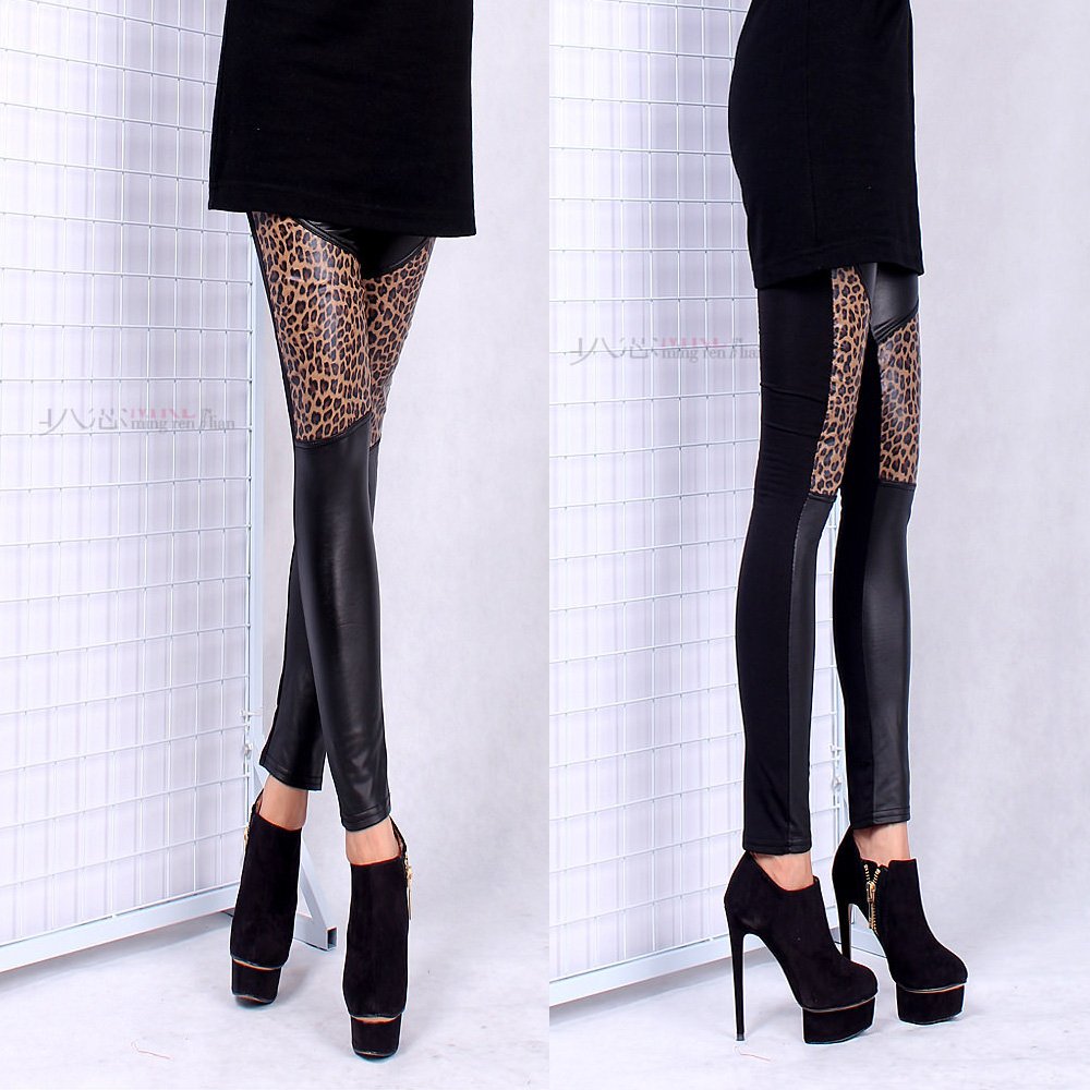 New Arrive Women Winter Legging Leopard Patchwork Leather Silm Warm Ladies Pants Stretchy One Size Free Shipping