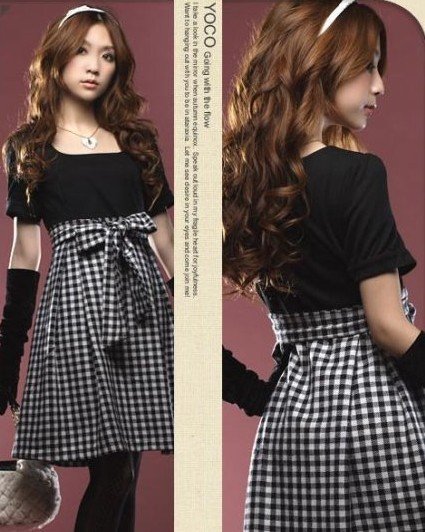 New arrived spring ladies'dress bowknot decoration short sleeve plaid pattern dress 1204030 Free shipping