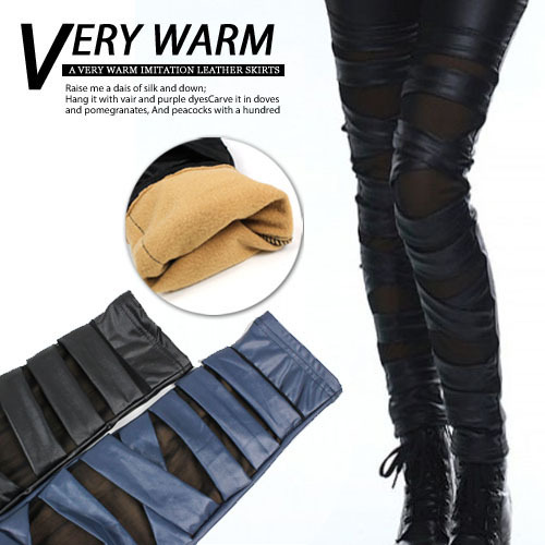 New Arrived Women's Shinny Legging ,Faux Leather , Ripped Cut-out Bandage ,Add woolFalse leakage meat, Sexy Wholesale