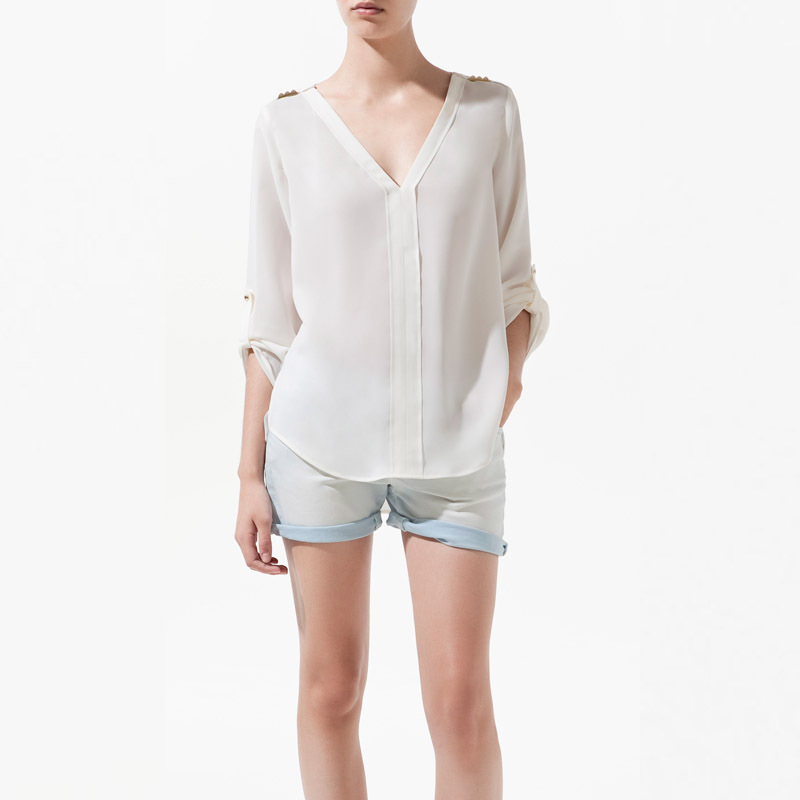 new arrivel autumn fashion rivet epaulette V-neck  low-high loose long-sleeve shirt women blouses