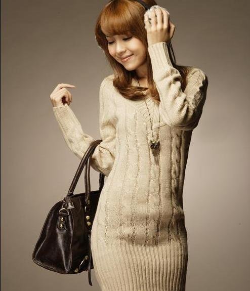 New arriver women casual elegant cannabis medium-long knit sweater/women's weater lady long sleeve sweater dress 0285