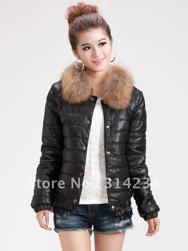 New arrvial!Winter outerwear raccoon fur short design cotton-padded jacket women's plus size PU material S to 3XL free shipping