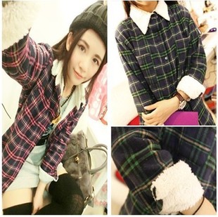 new autumn and winter all-match preppy style berber fleece liner plaid shirt