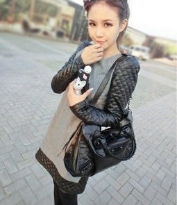 New autumn and winter black leather sleeve all-match slim patchwork fur woolen one-piece  fashion dress size M L