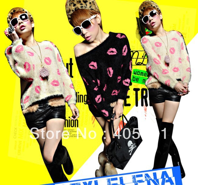 New autumn and winter Korean candy color printing lips hit color fluffy mohair loose bat sleeve sweater, pullover Free Shipping