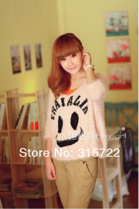 new autumn arrival hot Korean  women loose bat sleeve smiley face blouse sweater pullovers green,pink,P-028