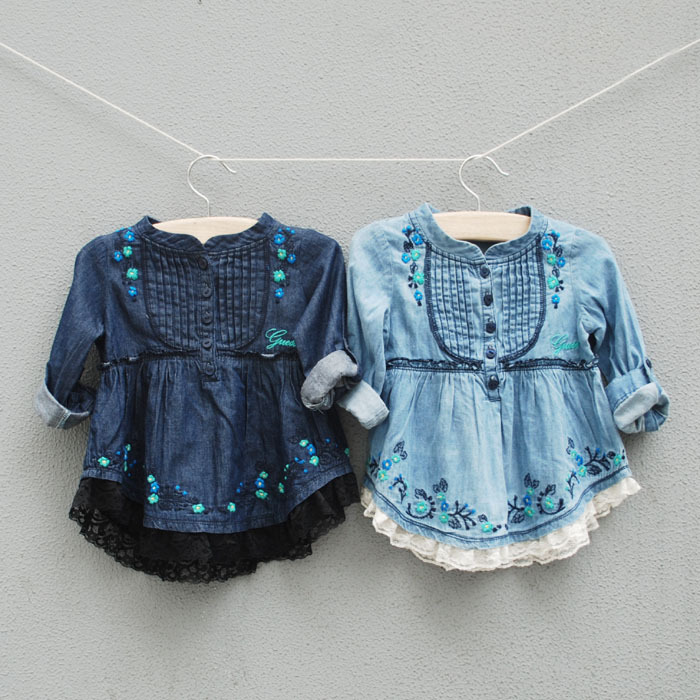 New autumn baby girl brand embroidered long-sleeve denim lace dress shirt t-shirt top blouses children shirts christmas gift