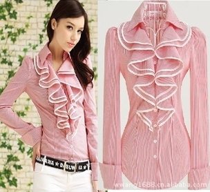 NEW Autumn Clothes Free shipping Cotton blends Striped long sleeve crease falbala adornment fashion women Shirt  WD12