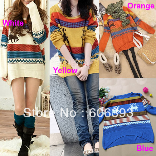 New Autumn Retro National Wind Deer Printed Loose Crewneck Pullover Sweater Ladies Tops 4 Colors