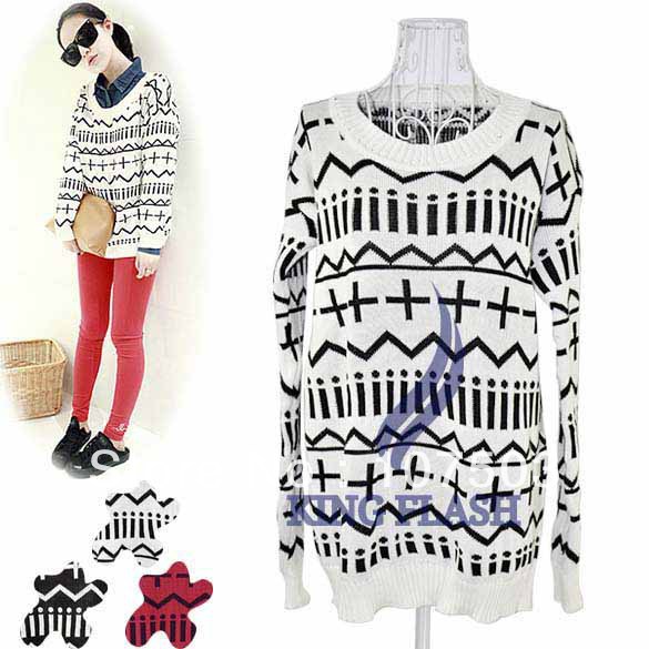 New Autumn Style Fashionable Sign Pattern Loose Long Sleeve Knitting sweater Tops Blouse 3 Colors free shipping 8093