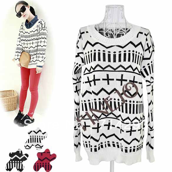 New Autumn Style Fashionable Women's Sign Pattern Loose Long Sleeve Knitting Sweater Tops Blouse 3Colors free shipping 8093