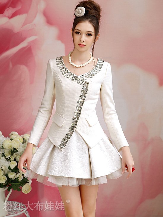 new available ladies formal white outwear OL temperament clothes for winter  big stone edge brief style wool coat dress