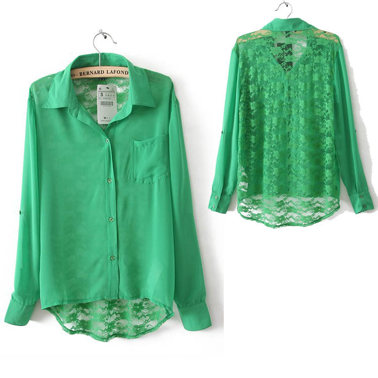 NEW Back Lace Hollow Chiffon Splice Long sleeved Shirts 3-color 9070