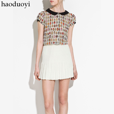 New beetle pattern color block peter pan collar short-sleeve chiffon shirt 2 6 full