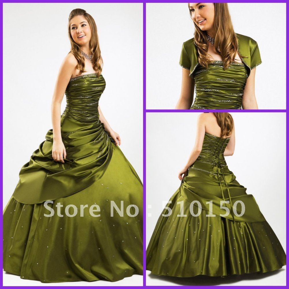 NEW! Beutiful Beaded Strapless Ruffled Green Satin Quinceanera Dresses Birthday Sweet 16 Prom Ball Gowns Dress &Jacket QD-10