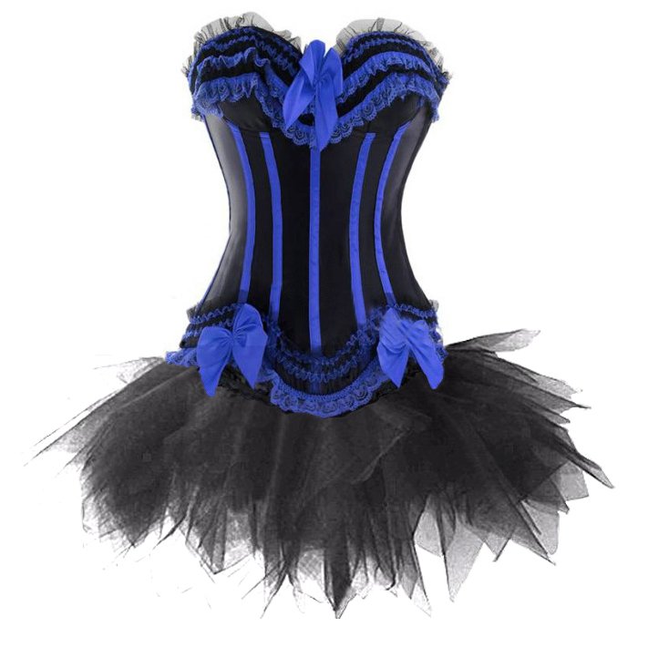 New  Black and  Blue   top corset busiter  with g-string,black mini tutu  showgirl  S-2XL