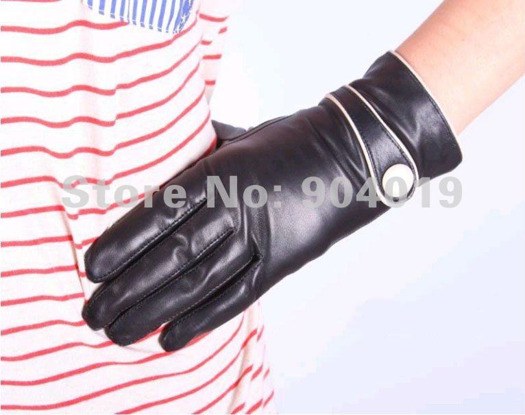 New Black Deluxe Fashion Women Winter Gloves Superfine Genuine Leather Slim Fit White Button S M L