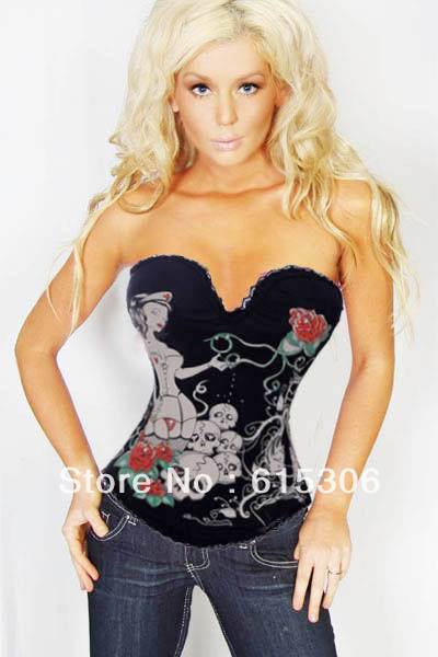 New Black Punk Gothic nurse ,rose and skull Print Rhinestone Corset Sexy Lingerie