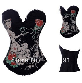 New Black Punk Gothic nurse ,rose and skull Print Rhinestone Corset Sexy Lingerie Size S-2XL M0147