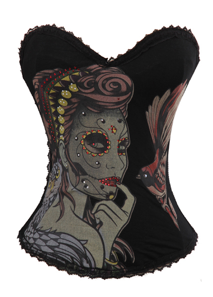 New Black Punk Gothic nurse ,rose and skull Print Rhinestone Corset Sexy Lingerie Size S-XL