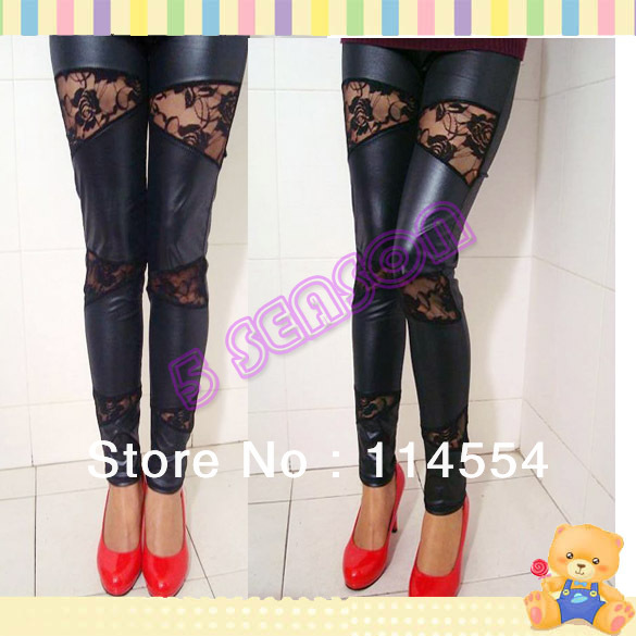 New Black Women Leather Look & Floral Lace Fashion Slim Fit Skinny Pants Leggings Free shipping 6135