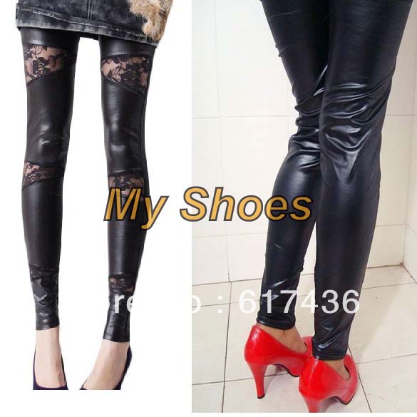 New Black Women Leather Look & Floral Lace Fashion Slim Fit Skinny Pants Leggings Free shipping 6135