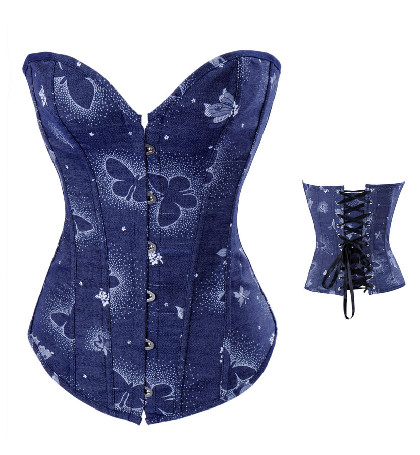 New Blue jeans with butterfly print lace up boned  corset busiter bodyshaper S-2XL
