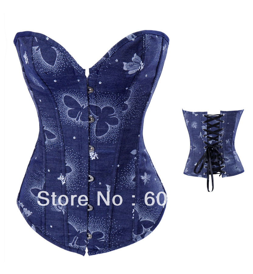 New Blue jeans with butterfly print lace up boned corset busiter bodyshaper S-2XL