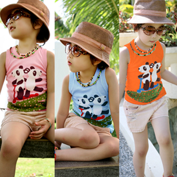 New boy baby girls Children's clothing pure cotton vest t-shirt 2 pandas vest cotton T-shirt pink  blue 5pcs/lot free shipping