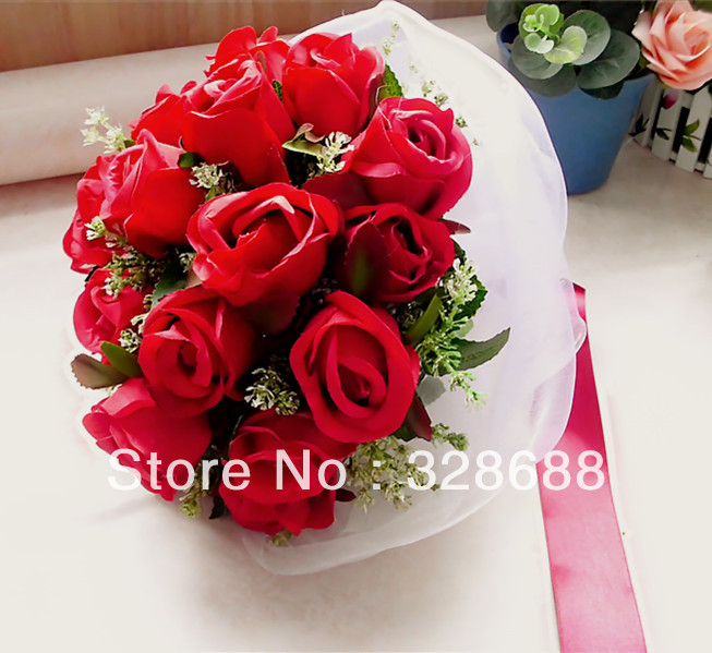 New Bridal Bouquet Tied Red Rose Wedding Bouquet With Ribbon Bridal Bouquets With Free Gift 3 Color <<yrrrhfg