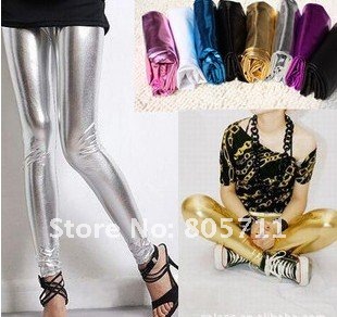 New Bright Metal Color Women's Leggings Imitation Leather Pants Stretchy Skinny Slim Capris