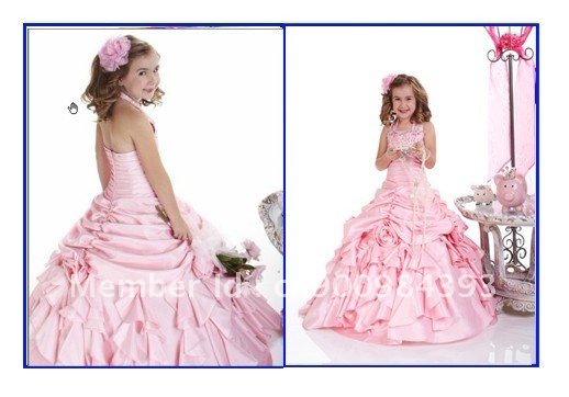 New Bright Pink Halter Beaded Ruffles Satin Layered A-line Ball Gown Flowers Zipper Back Pageant Flower Girl Dress