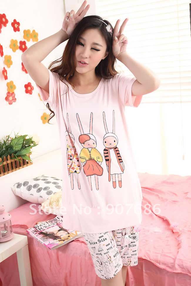 New Cartoon Cute Rabbit Women Short Sleeve Pajamas Nightwear Clothes Home wear Suit #3473