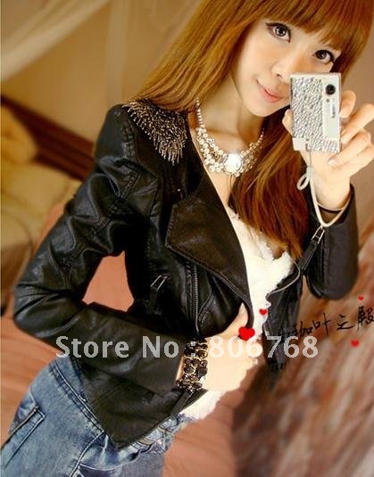 New Charm Women's Black tassels Round Collar Leather Jacket Outerwear  Free shipping
