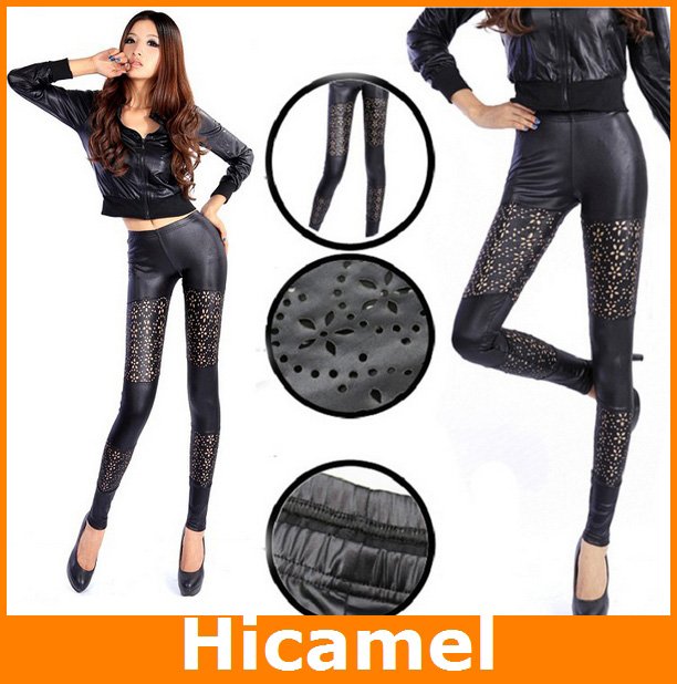 New Chic Must-have Womens Ladies Faux Leather Sexy Hollow-out Long Leggings Slim Fitting Pencil Pants Skinny Tights Casual Black