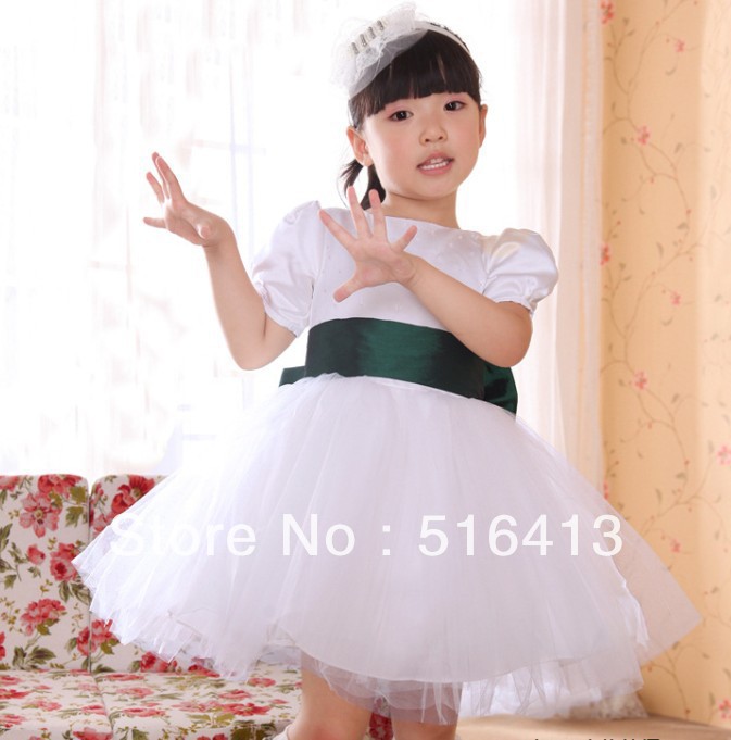 new children's clothes girls party dress cap sleeve green belt and bow flower girls' dress 3-8T free shipping