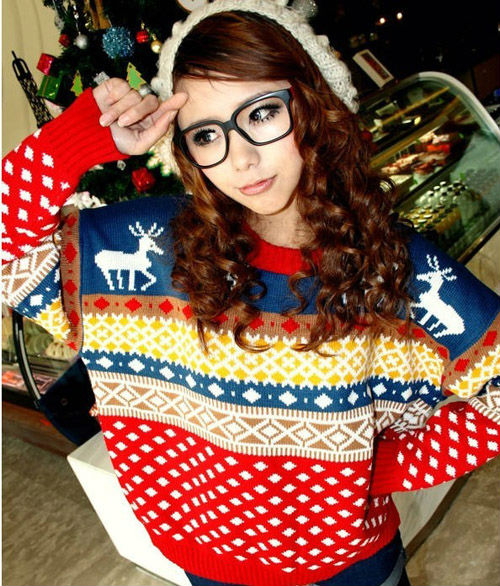 New! Christmas Eik Pattern Crew neck Long Sleeve Jumpers NO.0002