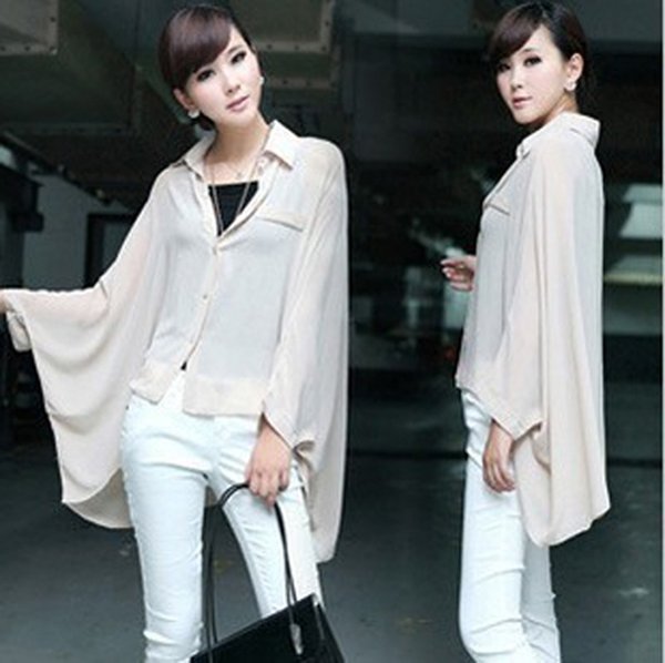 New Clear Pink Chiffon Batwing Loose Shirt Asym Hem Blouse Tops HR085