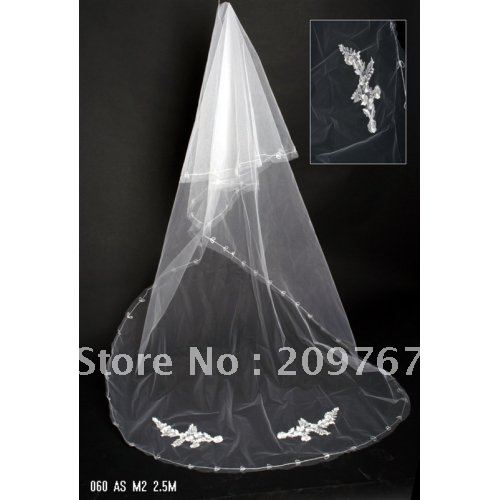 New Collection Simple Tulle Beaded Rhinestone White Long Wedding Veils Bridal Veils