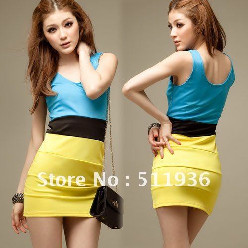 New Colorblock Loud Trend Korea Womens V-neck Sleeveless Mini Dress Casual Free Shipping #A51302