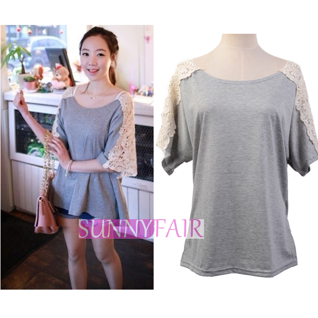 New Comfy Soft Grey Hollow Splice Bat-wing Sleeve Cotton Blend Split Joint Loose Casual 0 Ring Blouse