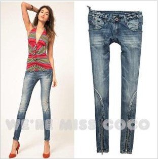 New Coming Bottom-Zipped Bandhnu Crystal Botton Spider Decorated Blue Color 9-length Skinny Jeans For Ladies Women