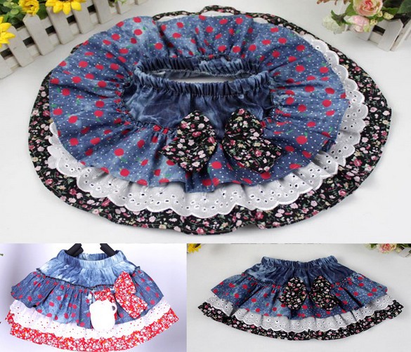 New design (4 pieces/lot) children Denim skirt girls bow apple printing skirts Free shipping