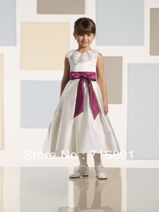 New Design Elegant Satin Lace Short Sleeve Flower Girl Dresses ONID415S