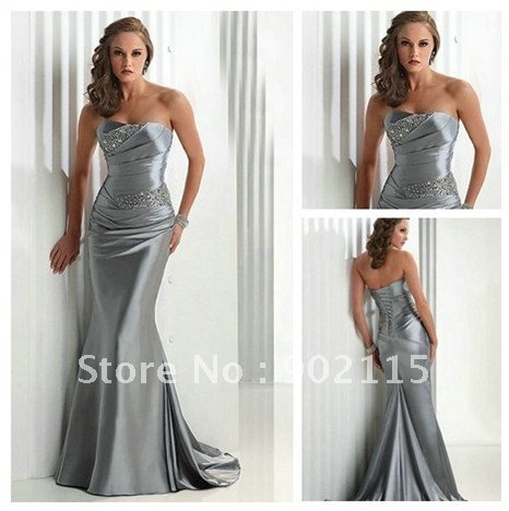 New Design Elegant Wholesale Strapless Mermaid Satin Sliver Formal Evening Dress 2012