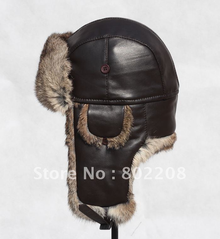 NEW DESIGN FASHION BROWN WIND-PROOF WINTER WARM BROWN GENUINE LEATHER Rabbit Fur Russian WOMEN/MEN Hat WITH FREE SHIPPING