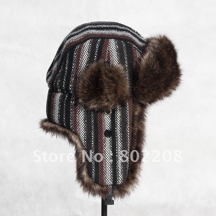 NEW DESIGN FASHION WIND PROOF WINTER TRAPPER RUSSIAN HAT  BLACK KNITTED COTTON WINTER WARM FUR  WOMEN/MEN HAT WITH FREE SHIPPING