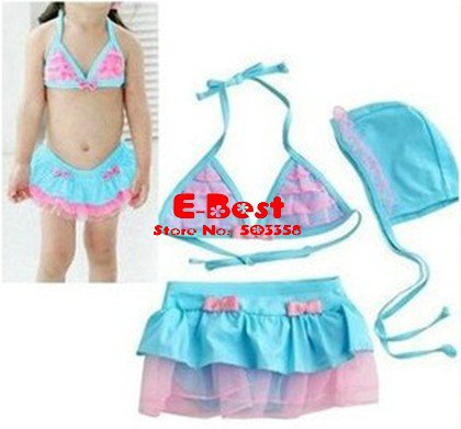 New Design!girl ballet style bikinis cute lace bows swimwear top+skirt+hat 3 pcs kids beach wears baby soft swimsuits 5sets/lot