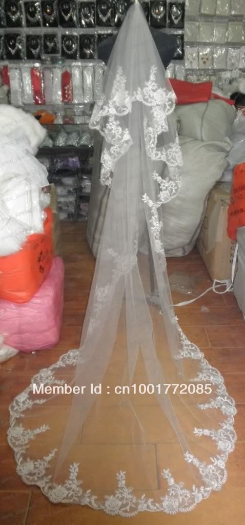 New Design White/Ivory 1 layer Applique Wedding Veils Bridal Cathedral Veil  Not Comb Lace Edge