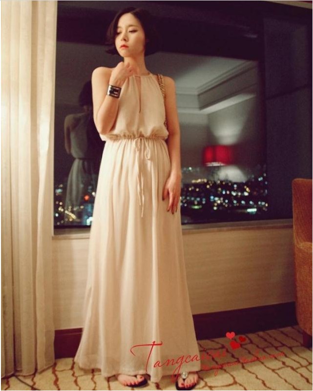 New Elegant Lady Woman's Sexy Chiffon Gallus Backless V-neck Halter Longuette Dress902058-CS-B0052